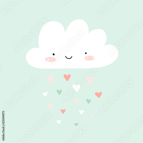 Nursery art with happy smiling cloud and hearts rain. Cute Valentines illustration. 