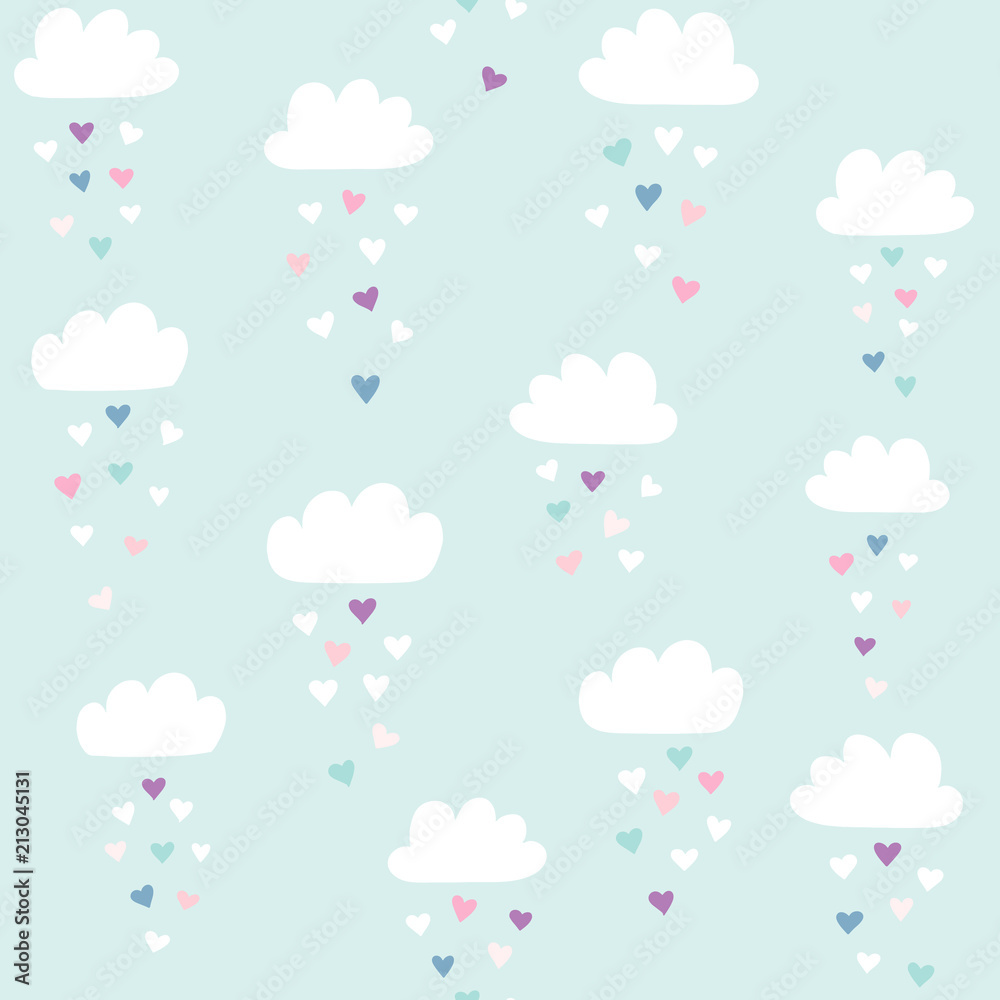 Clouds vector pattern with colorful hearts rain. Cute seamless background for Valentine's day. Illustration for babies, kids.