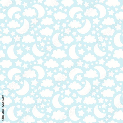 Vector seamless pattern with moon, cloud and stars silhouettes. Cute baby, children background illustration.
