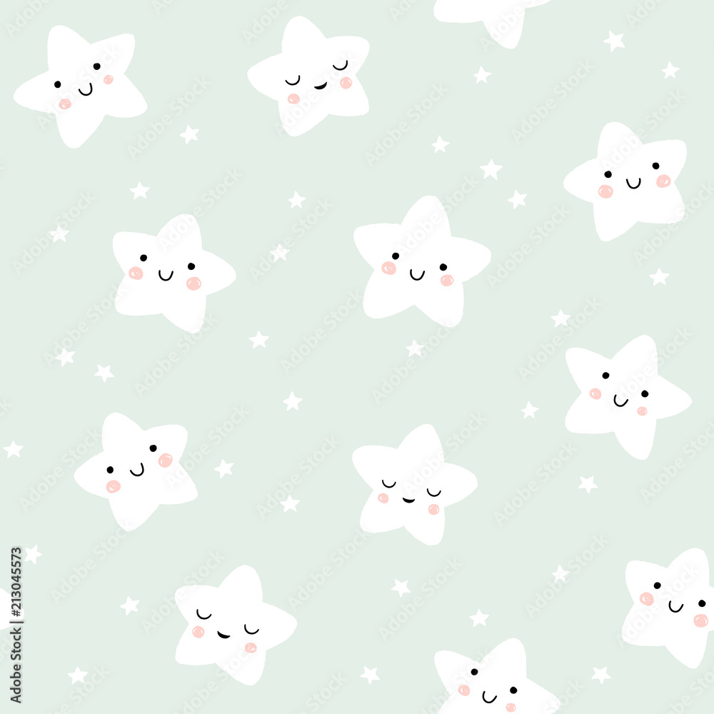 Cute smiling stars pattern. Night sky in pastel colors. Vector background for baby and kids design.