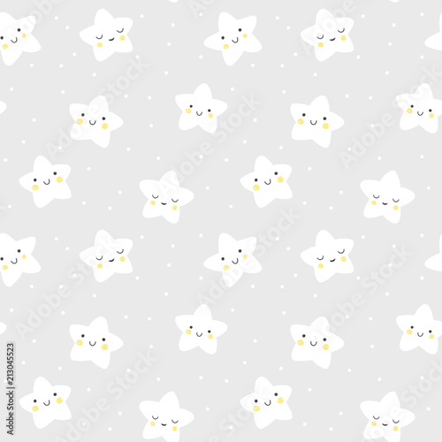 Stars vector pattern. Cute seamless background with smiling stars on a night sky. Baby and kids illustration. 