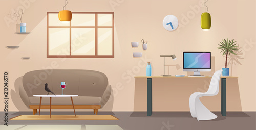 Living room and office interior. Modern apartment scandinavian or loft design. Cartoon vector illustration