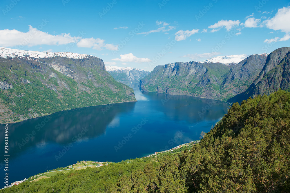 View to the Aurlandsfjord from Stegastein viewpoint, Norway.