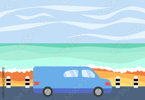 Blue car on the road against the backdrop of the sea. Vector illustration. 
