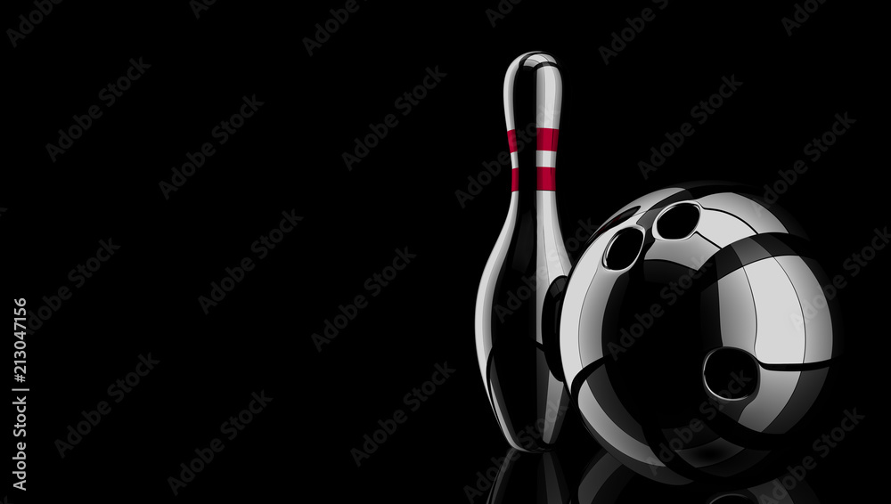 Black bowling ball and pin on black background. 3d rendering. Stock