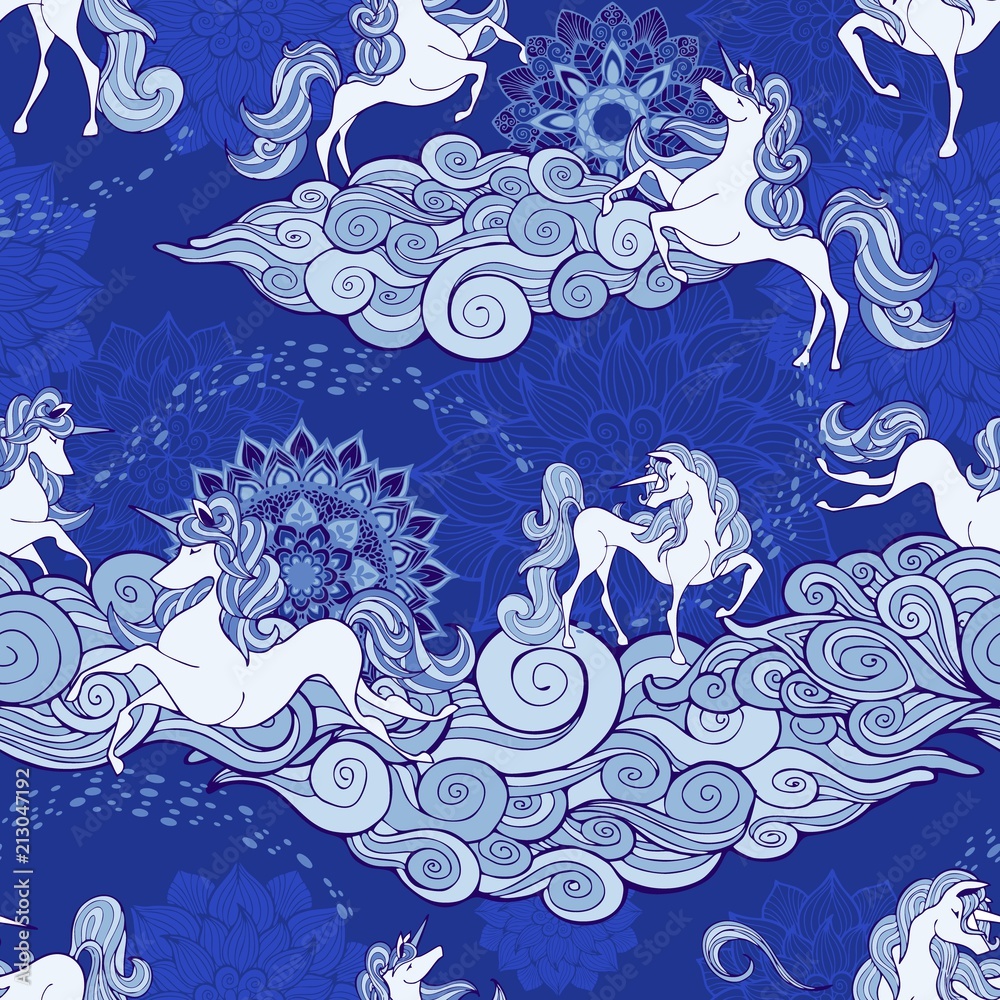 Unicorn and cloud and mandala design for fantasy  Porcelain blue and white tone with blue seamless pattern vector