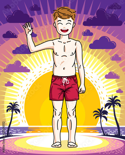 oneboy_196Cute little boy child standing in red stylish beach shorts. Vector human illustration. Childhood lifestyle cartoon.
