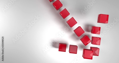 Roter Pfeil der nach unten zeigt und sich aus Würfeln zusammensetzt, die von oben herabfallen. Symbol für einen Abwärtstrend oder Verlust. 