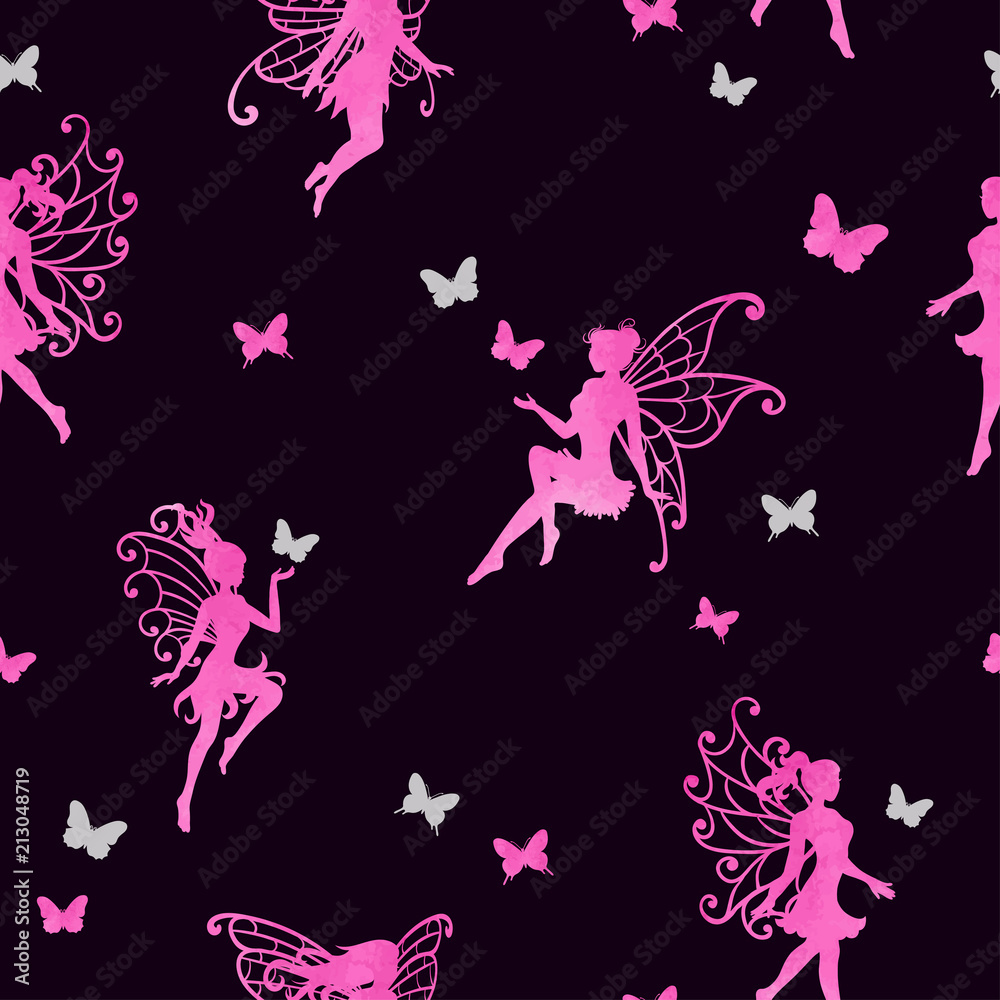 Seamless magical pattern with watercolor pink fairies and butterflies.