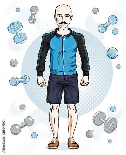 Happy bald young adult man with mustaches standing on simple background with dumbbells and barbells. Vector character, sport and fitness theme.