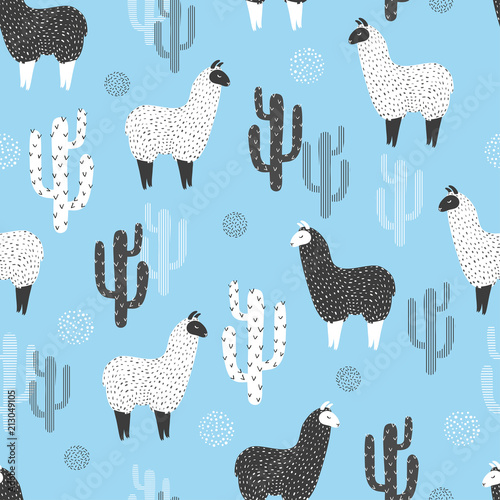 Seamless pattern with cute llama and cactus. Vector trendy print.