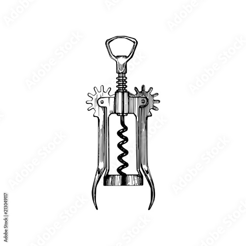 Corkscrew, vector drawn illustration.Kitchen utensil element for logo, label etc.