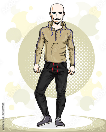Handsome bald young man standing. Vector illustration of sportsman with beard and whiskers.  Active and healthy lifestyle theme cartoon.