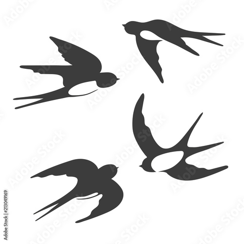 Set of silhouettes of flying swallows. Vector illustration.