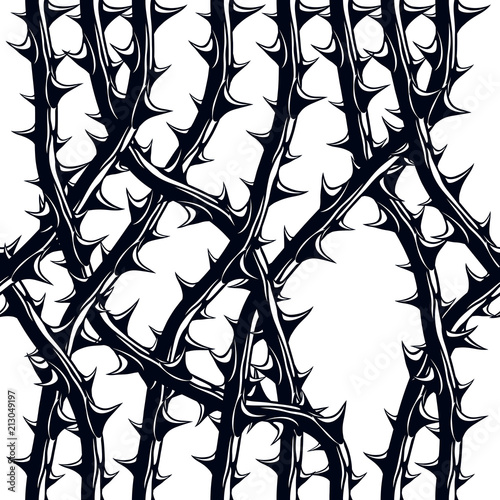 Horror style horrible seamless pattern, vector background. Blackthorn branches with thorns stylish endless illustration. Hard Rock and Heavy metal subculture music textile fashion stylish design.
