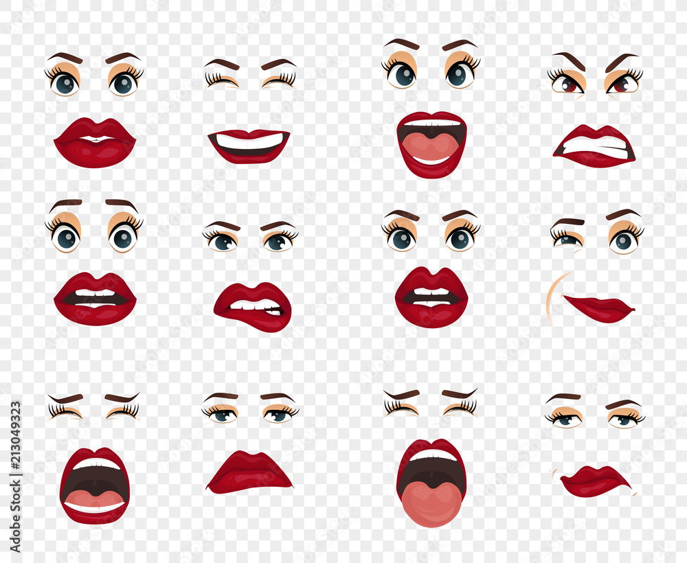 Comic emotions. Women facial expressions, gestures, emotions happiness surprise disgust sadness rapture disappointment fear surprise joy, smile cry coquetry cute mouth. Cartoon icons big set isolated. Comic emotions. Women facial expressions, gestures, emotions happiness surprise disgust sadness rapture disappointment fear surprise joy, smile cry coquetry cute mouth. Cartoon icons big set isolated.