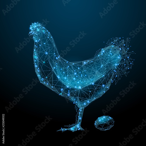 Chicken and egg. Low poly wireframe. Vector polygonal image in the form of a starry sky or space, consisting of points, lines, and shapes in the form of stars with destruct shapes.
