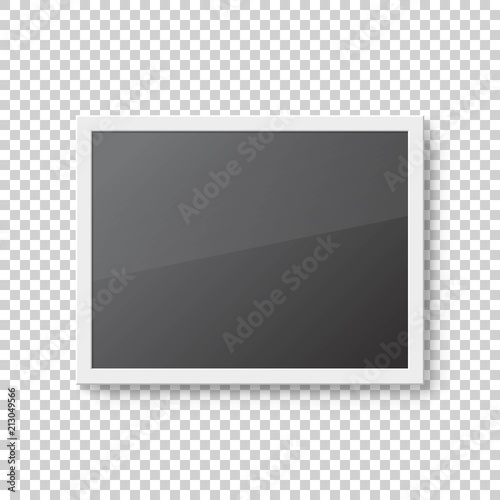 Realistic picture frame on transparent background. Photo frame template with white border. Blank mockup with shadow effect for art design. Interior decoration vector illustration.