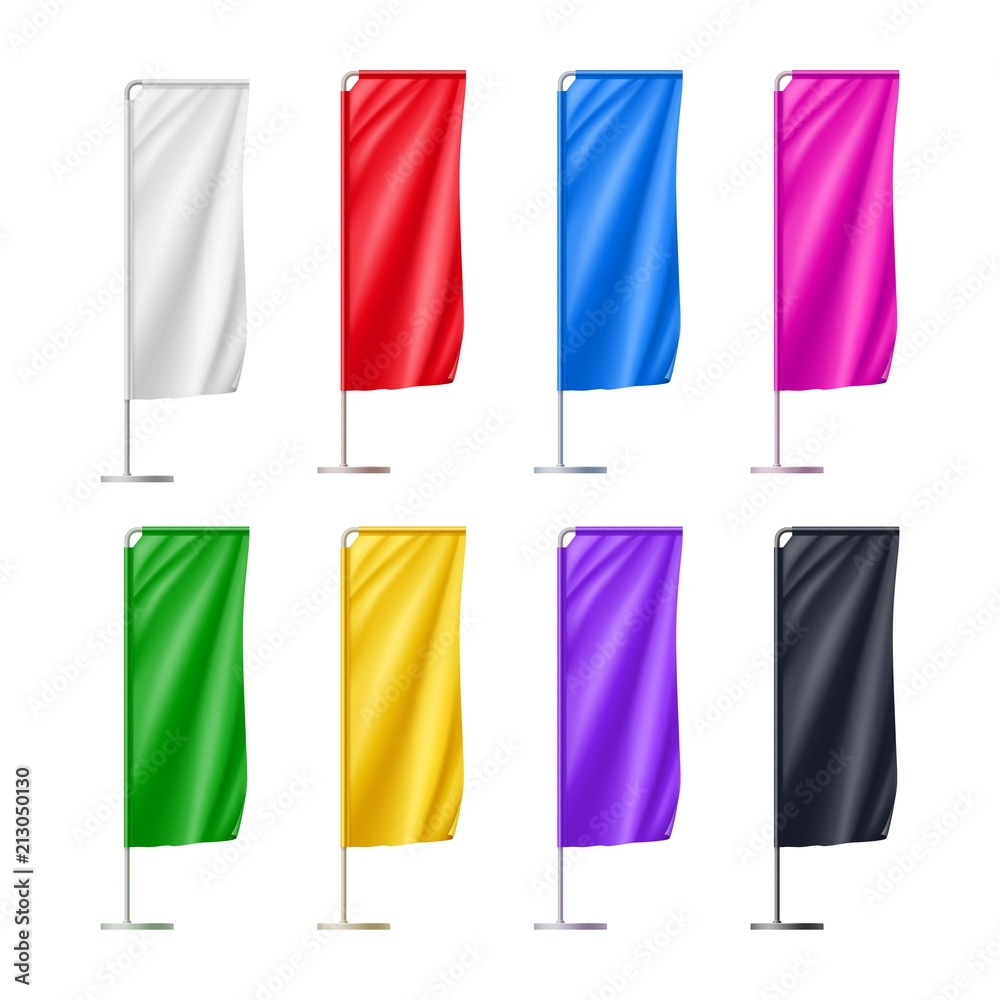 Colorful beach flags set isolated on white background. Realistic teardroup blank flag for outdoor event presentation, business promotion or sport competition. Vertical marketing vector objects