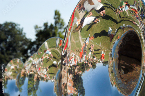 Marching band rehearsal mirrored in sousaphone, Stillwater, Oklahoma