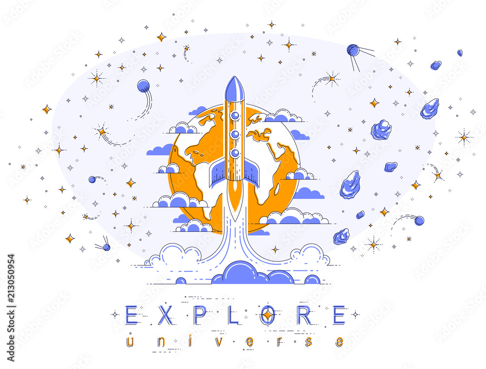Rocket launch over planet earth into space, surrounded by comets, asteroid, meteors, stars and other elements. Explore universe, space science. Thin line 3d vector illustration isolated on white. Rocket launch over planet earth into space, surrounded by comets, asteroid, meteors, stars and other elements. Explore universe, space science. Thin line 3d vector illustration isolated on white.