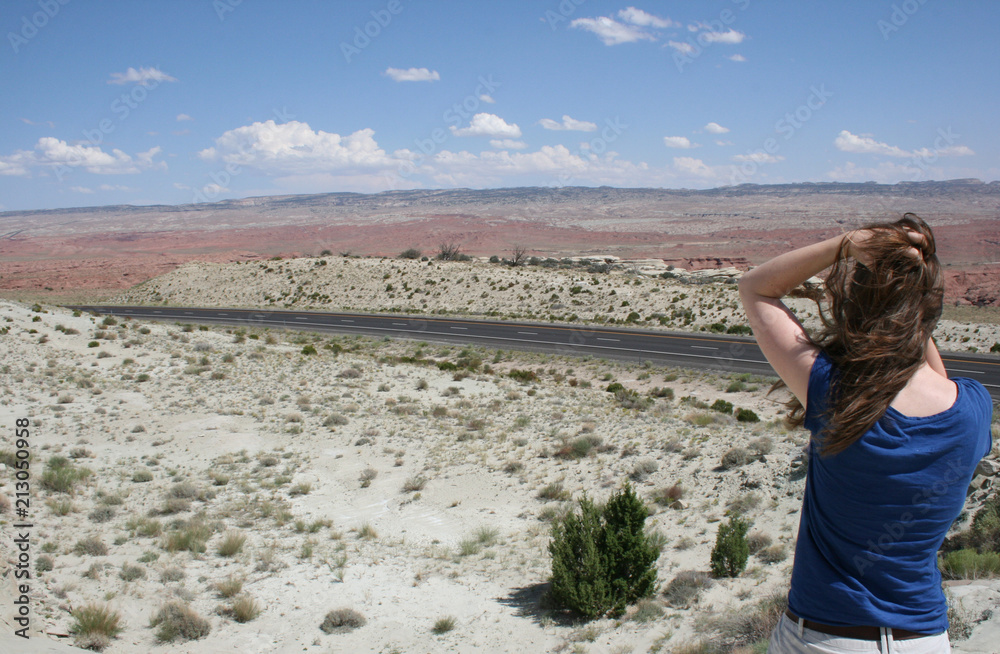 Naklejka premium Young woman seen from the back looking out on an deserted highway in the desert