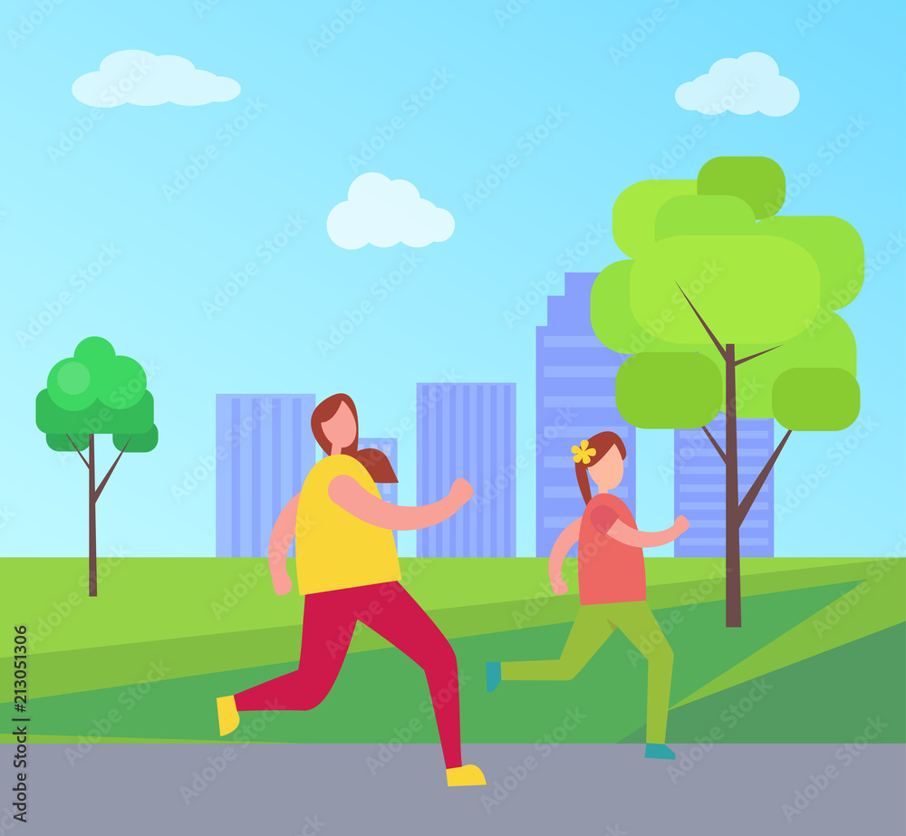Mom and Daughter Jogging, Vector Illustration