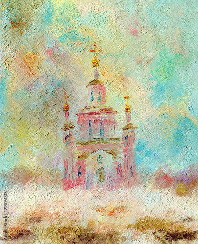 Oil Painting on canvas. Beautiful church on a snowy winter day. Through the clouds, the sun is visible. Interesting texture of oil paint.