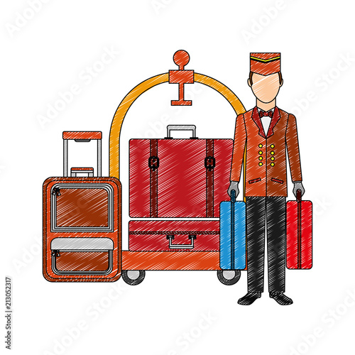 bellboy hotel worker with cart hotel and suitcases isolated icon