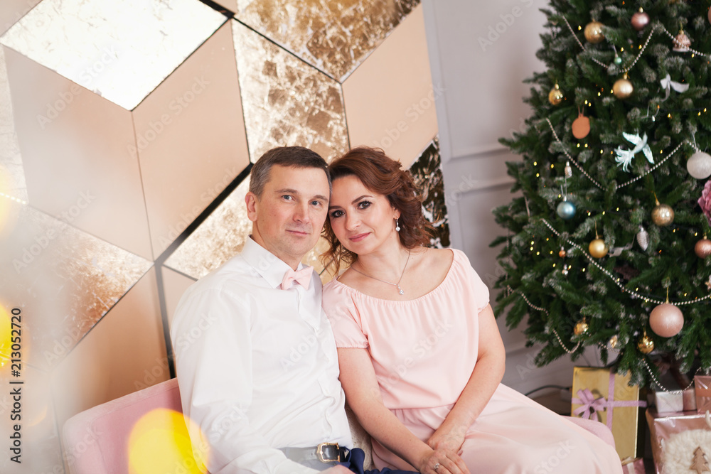 Portrait of beautiful happy family couple in Christmas decorations,