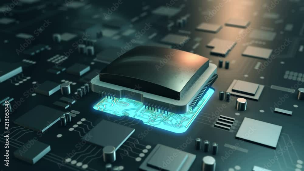 Big data stream on circuit board. 4K UHD animated video.
