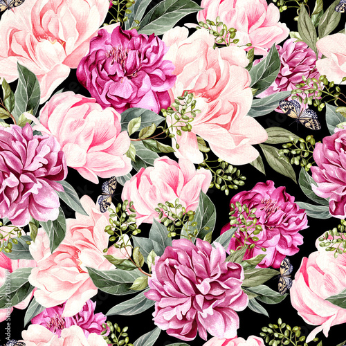 Watercolor pattern with peony flowers and  butterfly.
