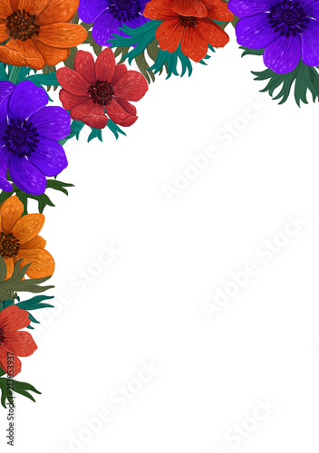 Magic flowers template. Beautiful wild garden design. Color pencil digital il...