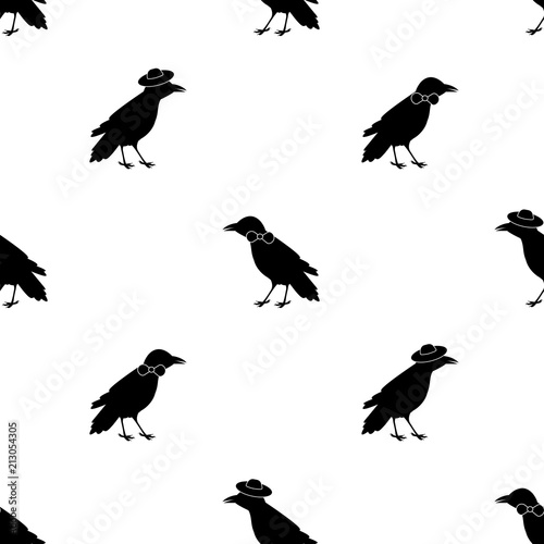 Seamless pattern with black ravens, tie and hats on the white background © Fortuna23