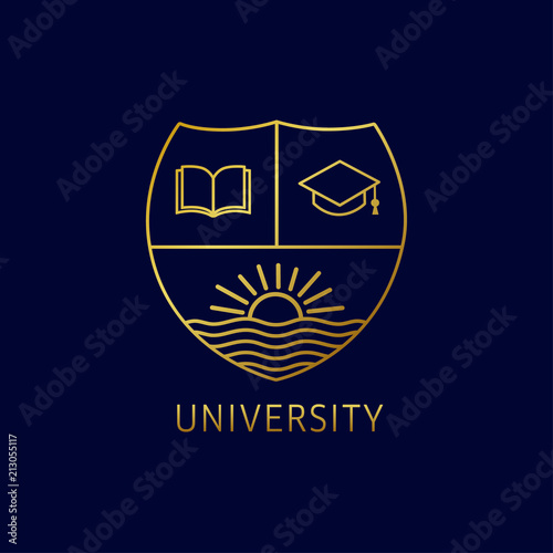 University education logo design with open book, square academic cap and sun on river. University or college is golden line art emblem template design. Vector illustration
