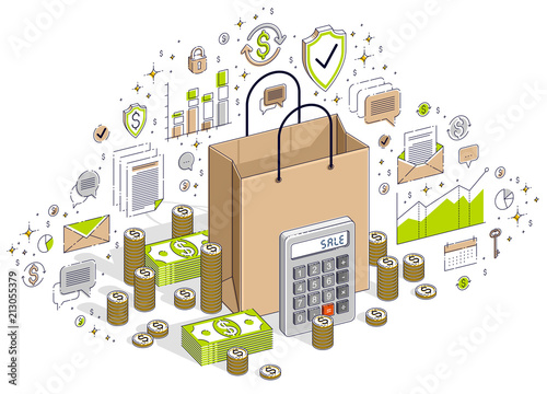 Big Sale concept, Retail, Sellout, Shopping Bag with cash money stacks isolated on white background. Vector 3d isometric business illustration with icons, stats charts and design elements.