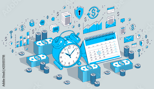 Deadline concept, table Alarm Clock and Calendar with cash money stacks isolated on white background. Vector 3d isometric business illustration with icons, stats charts and design elements.