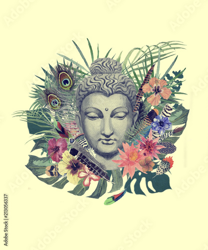 Watercolor hand drawn illustration with buddha head, flowers, leaves, feathers.