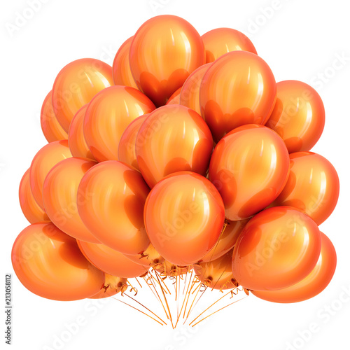 party balloons orange birthday decoration glossy. helium balloon bunch. happy holiday anniversary celebration greeting card background. 3d illustration