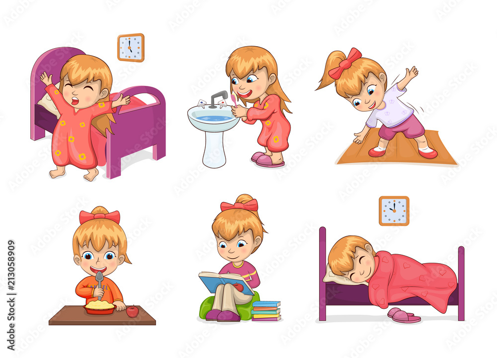 Girl Daily Routine Collection Vector Illustration Girl Daily Routine Collection Vector Illustration