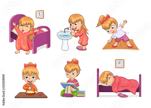 Girl Daily Routine Collection Vector Illustration © robu_s