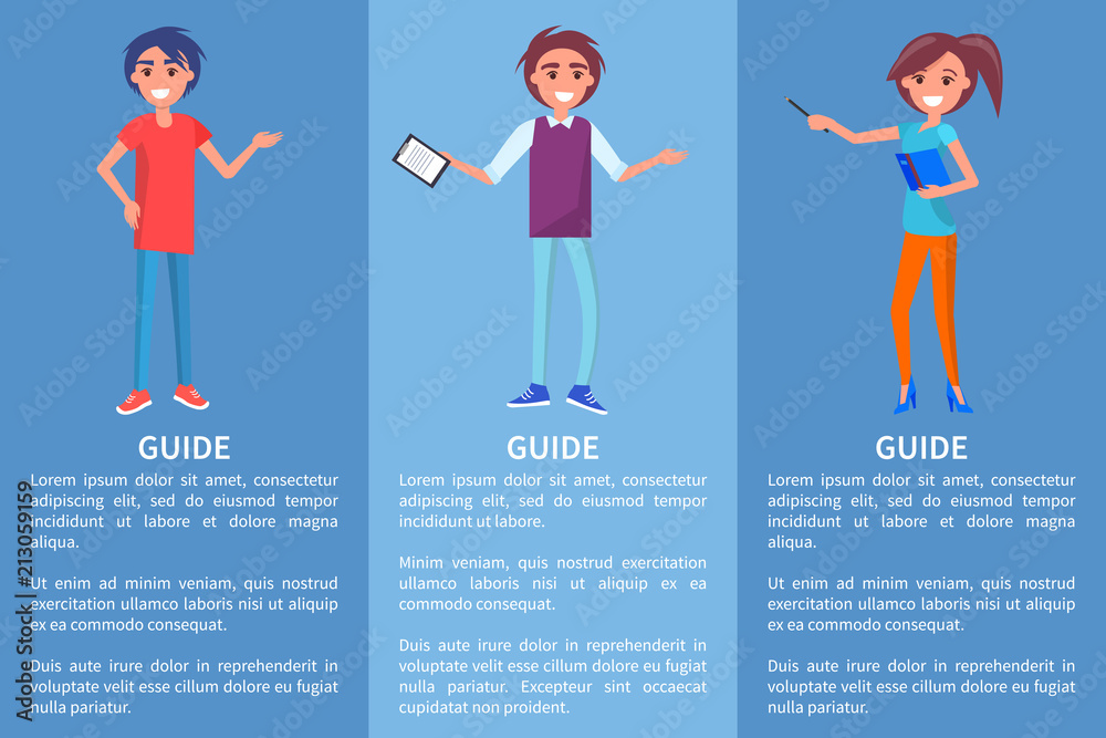 Guide in Museum with Pointer, Men and Woman Set Guide in Museum with Pointer, Men and Woman Set