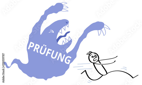 Schreckgespenst PRÜFUNG, Monster jagt Strichmännchen, Prüfungsangst, Panik, Schule, Schüler