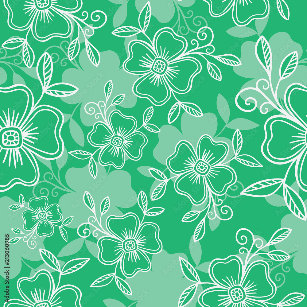 Vector seamless pattern - graphic flowers with leaves on green background. Vector seamless pattern - graphic flowers with leaves on green background.