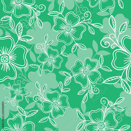 Vector seamless pattern - graphic flowers with leaves on green background.