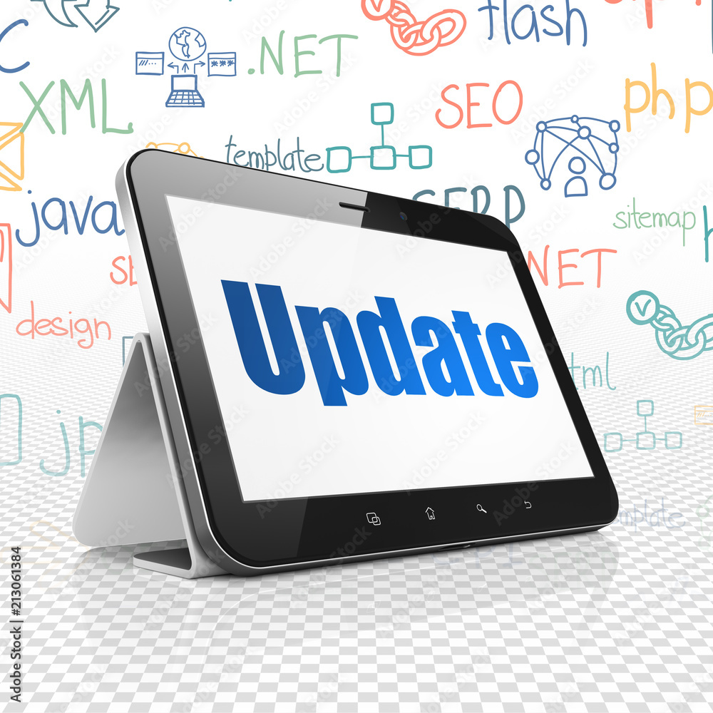Web design concept: Tablet Computer with blue text Update on display, Hand Drawn Site Development Icons background, 3D rendering Web design concept: Tablet Computer with blue text Update on display, Hand Drawn Site Development Icons background, 3D rendering