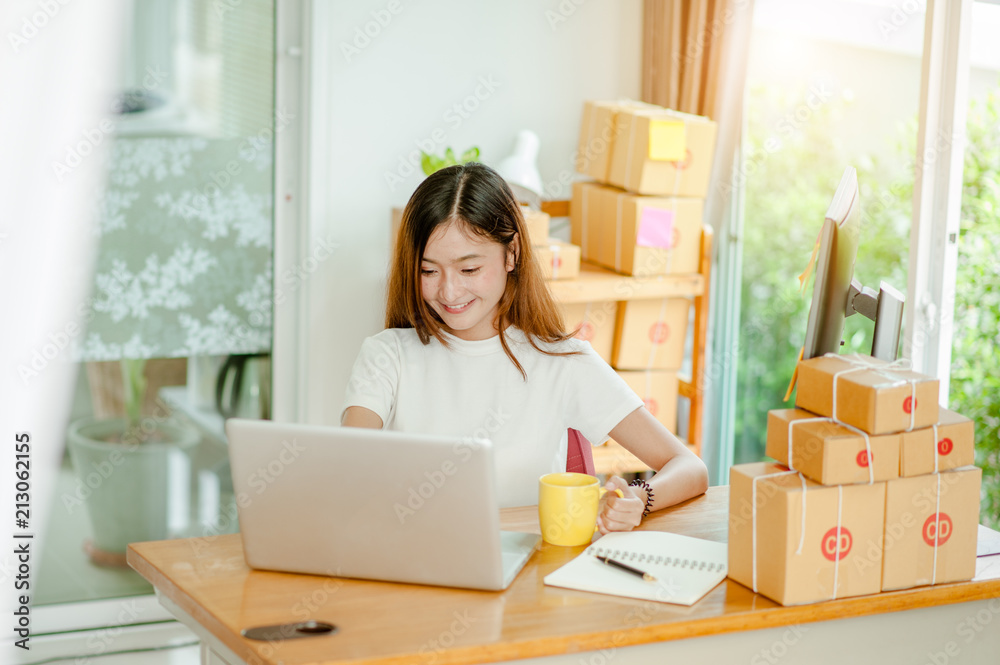 beautiful women owner business woman work at home for online shopping .online business concept beautiful women owner business woman work at home for online shopping .online business concept