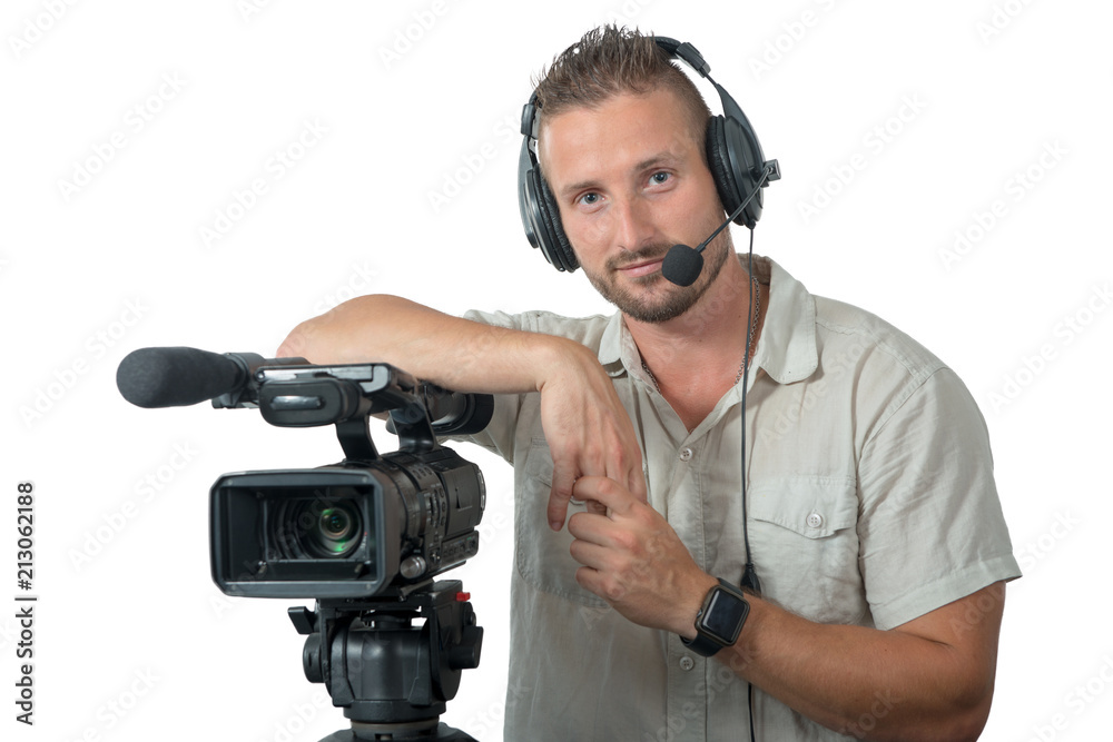 man with professional camcorder isolated on white background