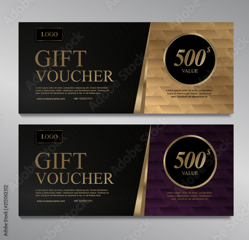 Voucher template with gold purple and black certificate. Background design coupon, invitation, currency. Set of stylish gift voucher, pattern, gift card, coupon,VIP and invite.