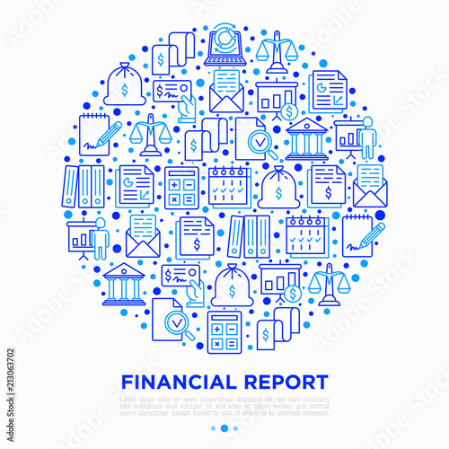Financial report concept in circle with thin line icons: bank, financial analytics, calculate, signature, email, presentation, bank check, audit, calendar. Vector illustration, print media template.